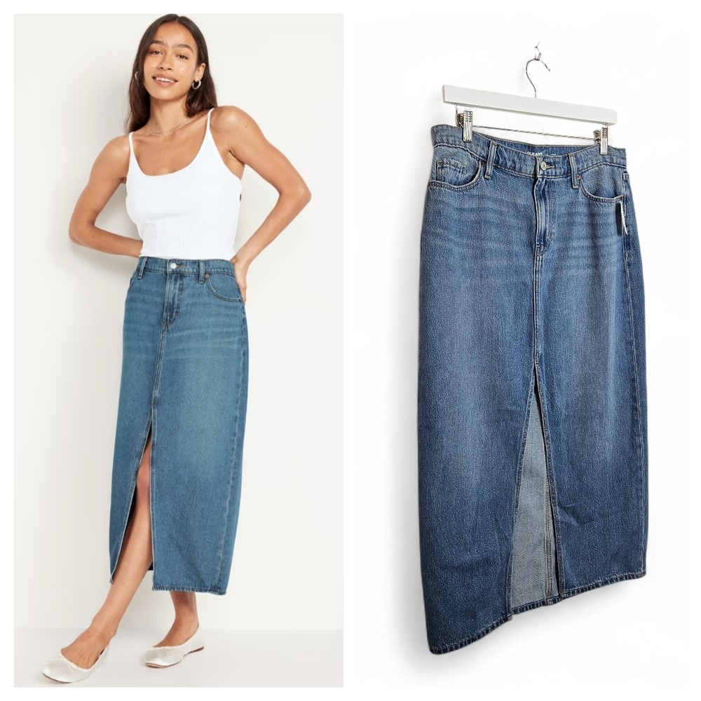 NWT Old Navy Denim Maxi Skirt Size 8 Drapey Mid Rise Front Slit Pockets Blue Y2K